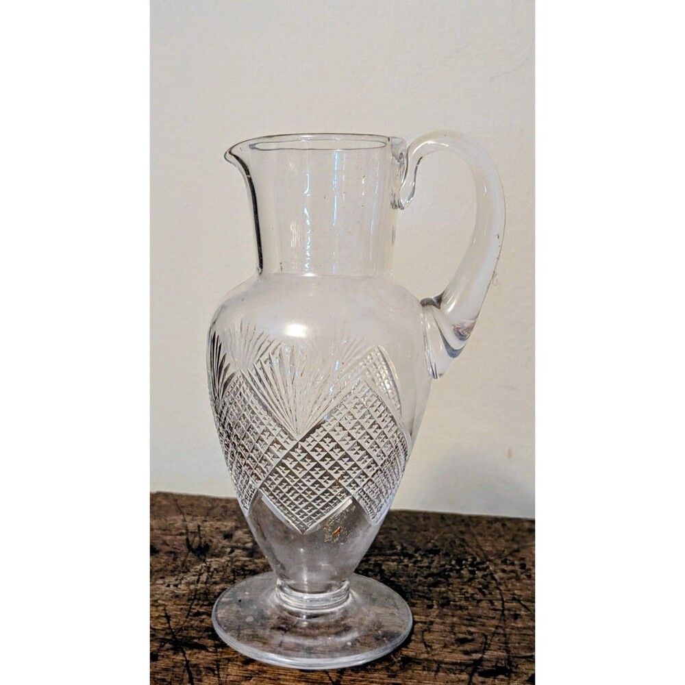 Antique EAPG Glass Pitcher Creamer Reverse Fan & Diamond Artesia 6 Inch 1900s